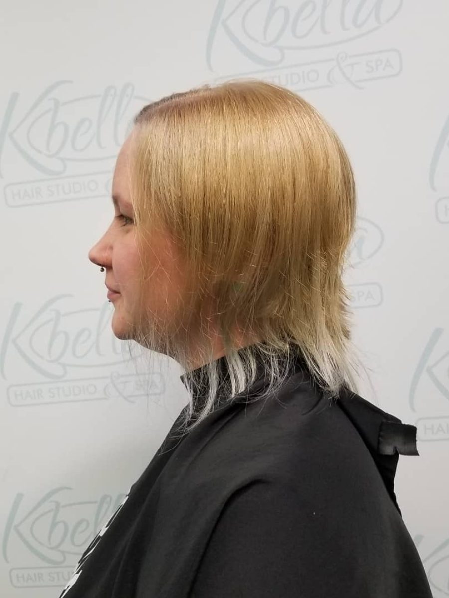 turquoise Blue Inverted Pixie with Long Back before treatment by Kristan Sayers at K Bella Hair Studio in Brighton, MI