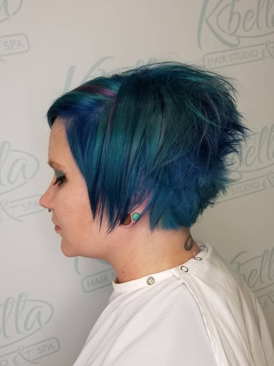 Precision turquoise Blue Inverted Pixie with Long Back by Kristan Sayers at K Bella Hair Studio in Brighton, MI - after transformation
