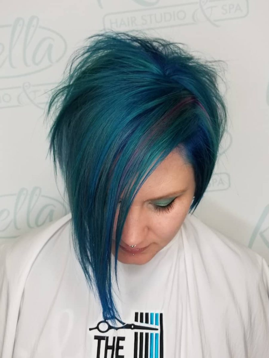 Precision turquoise Blue Inverted Pixie with Long Back by Kristan Sayers at K Bella Hair Studio in Brighton, MI - after transformation