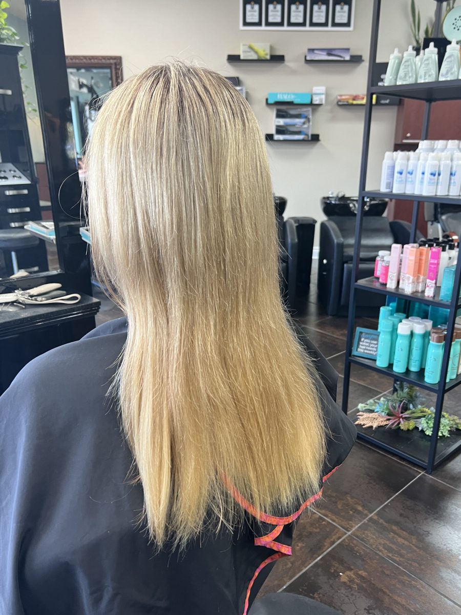Full Head Highlight & Weft Extensions before treatment by Raelynn Haan at K Bella Hair Studio in Brighton, MI