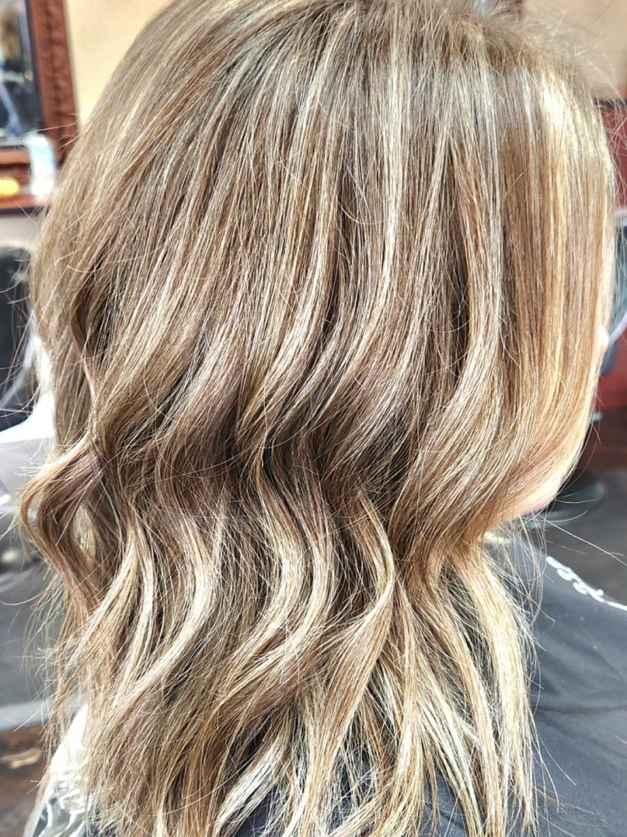 Back view of shoulder-length hair with soft dimensional blonde and brunette tones, styled with loose waves, by Katie Rowe at K Bella Hair Studio & Spa in Brighton, MI
