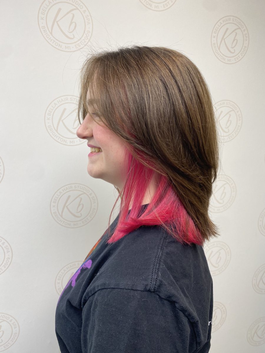 Precision Bright Pink Peekaboo With Lob Haircut by Abbey French at K Bella Hair Studio in Brighton, MI