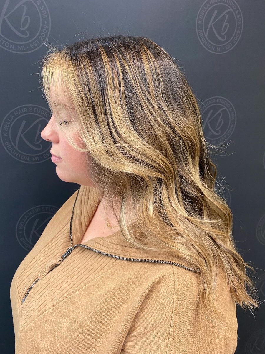 Dimensional highlights and lowlights by Abbey French at K Bella Hair Studio in Brighton, MI