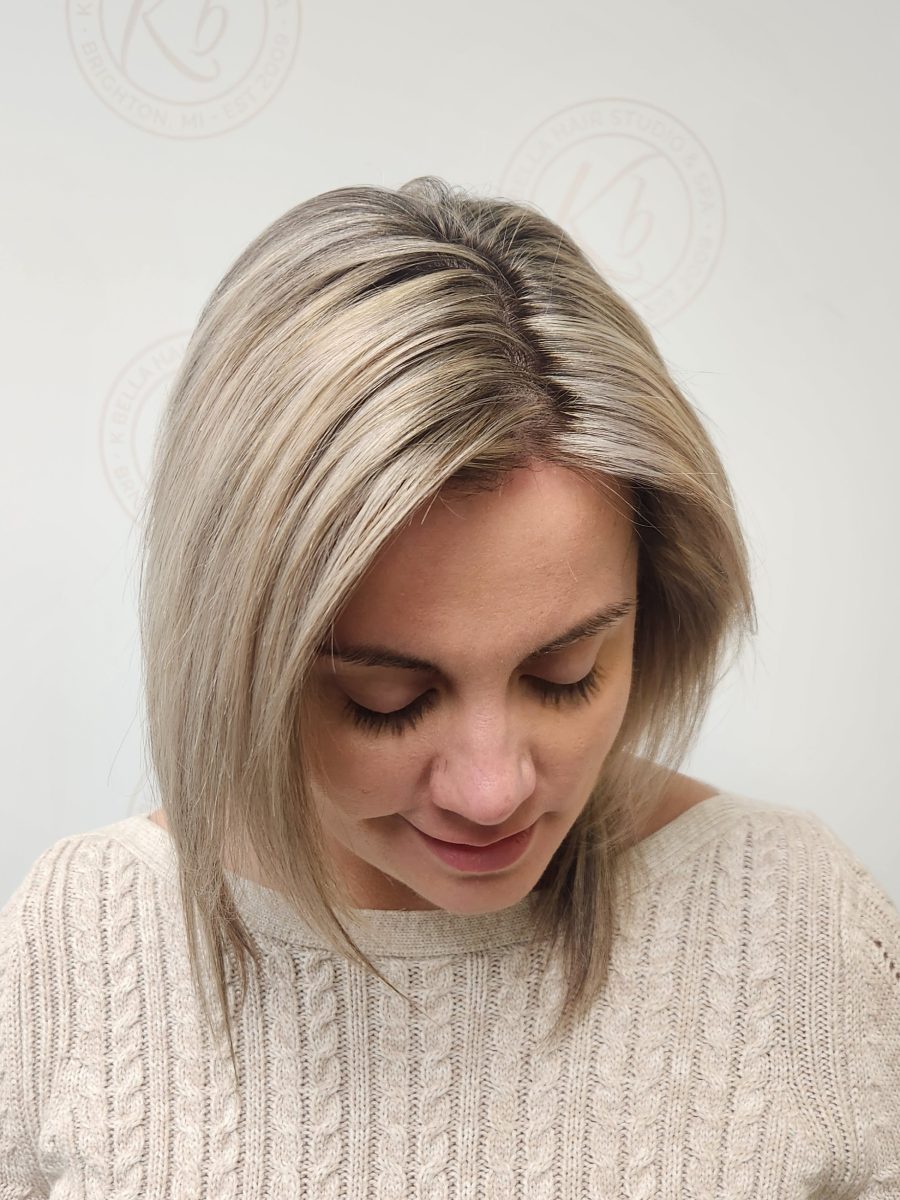 Dimensional highlights and lowlights with a fresh cut by Siobhan Rozinski at K Bella Hair Studio in Brighton, MI