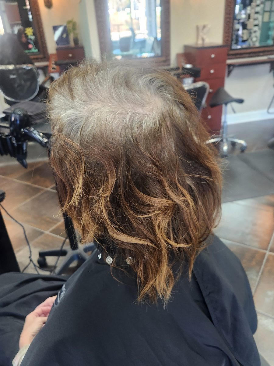 Caramel Color Correction & Haircut before treatment by Siobhan Rozinski at K Bella Hair Studio in Brighton, MI