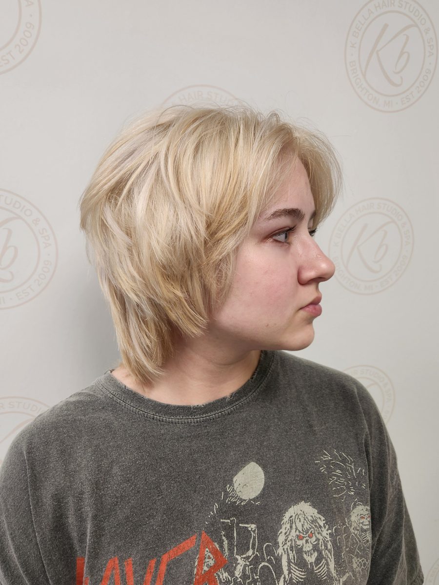 Precision Shaggy Blonde Crop Cut with rich custom color by Siobhan Rozinski at K Bella Hair Studio in Brighton, MI
