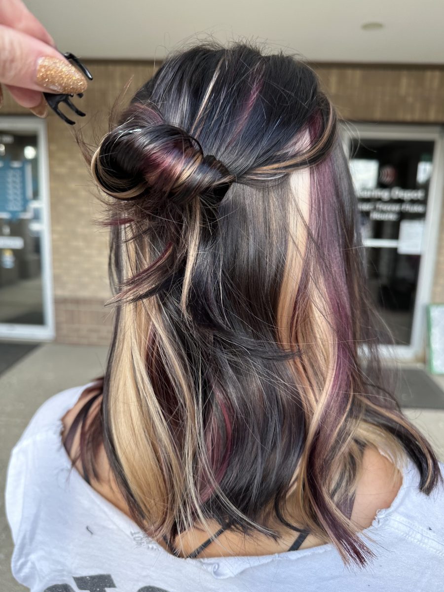 Custom Dr Pepper Calico Hair accented with vivid color by Allison Bowsher at K Bella Hair Studio & Spa in Brighton, MI