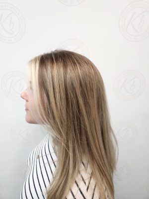 Dimensional highlights and lowlights with hand-painted balayage by Siobhan Rozinski at K Bella Hair Studio & Spa in Brighton, MI - after transformation