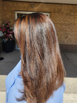 Sun-kissed balayage highlights with a fresh cut by Siobhan Rozinski at K Bella Hair Studio & Spa in Brighton, MI - after transformation