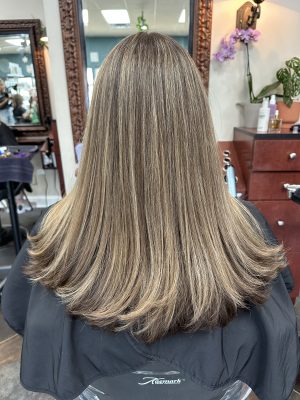 Dimensional highlights and lowlights by Kameryn Bell at K Bella Hair Studio & Spa in Brighton, MI