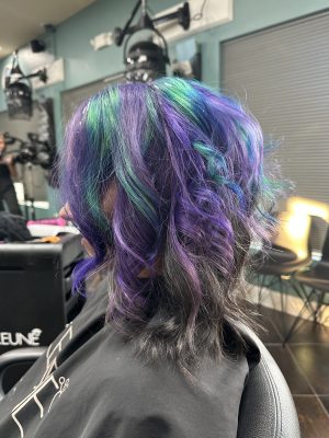 Back view of layered hair showing purple and teal peacock colors blended through dark base by Liberty Greenwood at K Bella Hair Studio & Spa in Brighton, MI