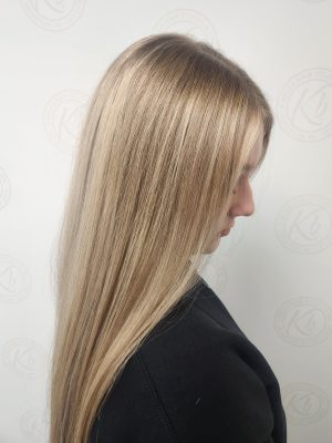 Sun-kissed balayage highlights with a fresh cut by Siobhan Rozinski at K Bella Hair Studio in Brighton, MI - after transformation