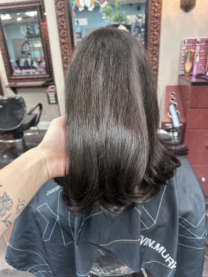 Precision Haircut and all over color with rich custom color by Kameryn Bell at K Bella Hair Studio & Spa in Brighton, MI