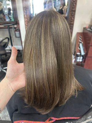 Dimensional highlights and lowlights by Kameryn Bell at K Bella Hair Studio & Spa in Brighton, MI