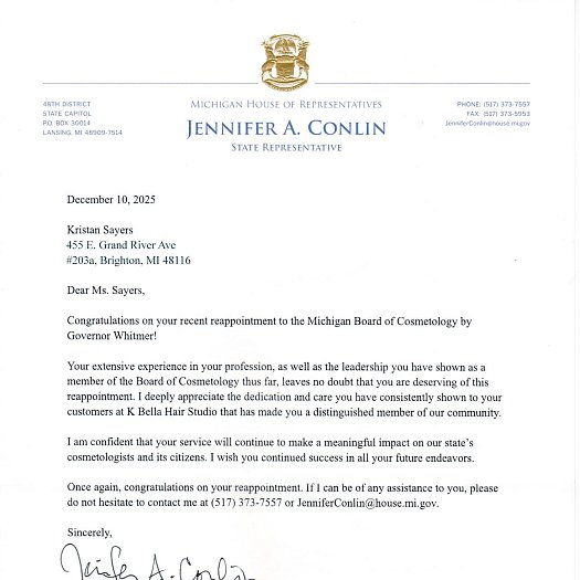 Congratulatory Letter From State Representative, Jennifer Conlin - By Kristan Sayers | K Bella - Brighton, MI