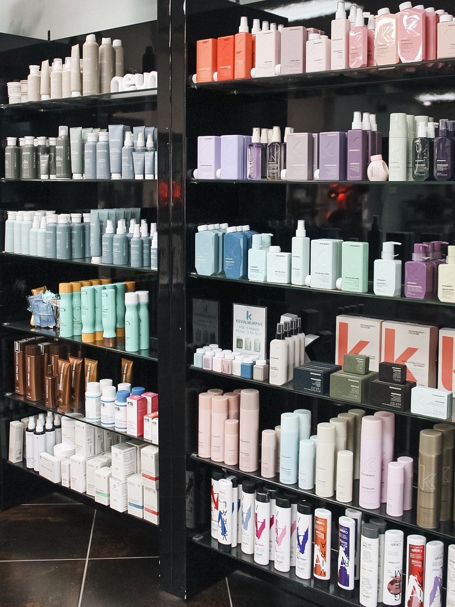 The professional retail wall at K Bella Hair Studio & Spa, stocked with Neuma, KEVIN.MURPHY, K18 and Celeb Luxury
