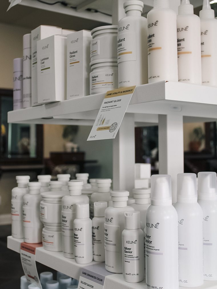 Keune Radiant Gloss and Silver Savior on the salon care shelf