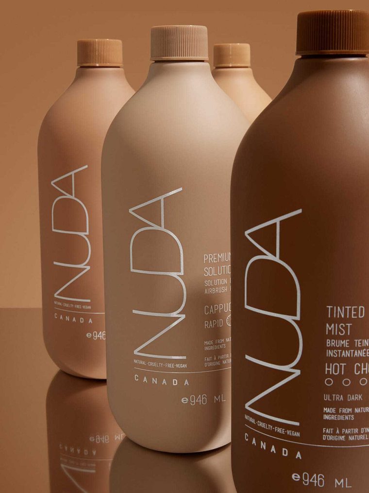 NUDA Sunless tanning solutions in graduated shades, from Cappuccino to Hot Chocolate